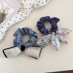 Floral print ink painting bow scrunchies in blue and purple styles for hair styling