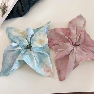 Floral chiffon silk scrunchies set in blue and pink with elegant watercolor patterns