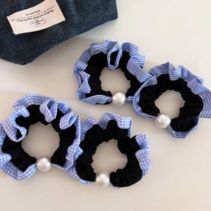 Retro Korean Style Blue Check Striped Scrunchies With Faux Artificial Pearl Decorative Pleated Fabric Elastic Hair Bands For Women