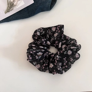 Floral print black chiffon scrunchie for women with elegant Korean style hair accessories