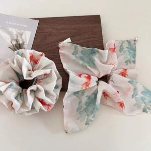 Chinese Style Goldfish Ink Wash Scrunchie Fabric Hair Tie With Artificial Pearl Tassel Streamer Vintage Hair Accessories For Women