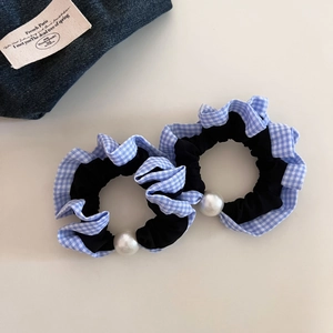 Vintage blue gingham hair scrunchies with white faux pearls and elastic fabric bands