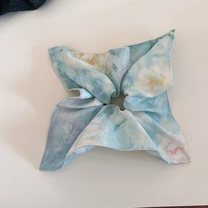 Elegant Chinese style watercolor print oversized scrunchie in blue and purple silk-like fabric