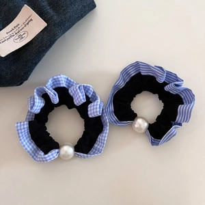 Retro blue striped scrunchie set with white pearl accent for elegant low bun styling