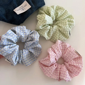 Three-piece Korean style plaid and polka dot scrunchie set in pastel blue green and pink