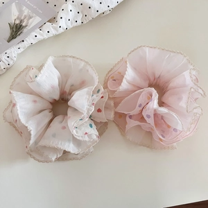 Chiffon heart polka dot scrunchie set with lace trim for elegant bun hairstyles