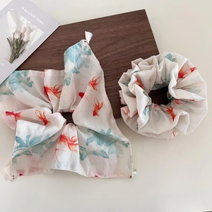 Silk hair scrunchie set with Chinese ink wash goldfish print and long ribbons