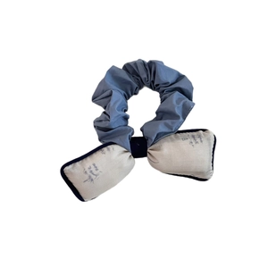 Korean style ink painting bow hair scrunchie in grey blue with elegant landscape pattern