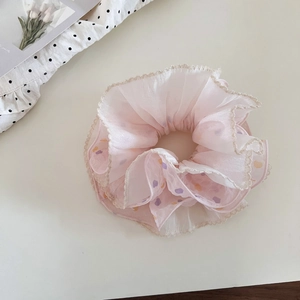Pink chiffon hair scrunchie with floral heart dots and white wavy lace trim