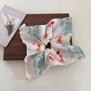 Elegant white chiffon scrunchie with red goldfish and green water grass patterns