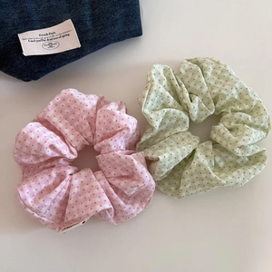 Pink and mint green plaid polka dot scrunchies in sweet summer style for ponytails