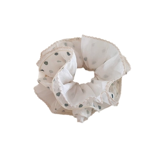 Sweet chiffon hair scrunchie with grey polka dots and delicate lace trim edges