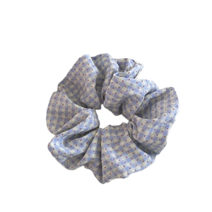 Sweet blue and white plaid scrunchie with red polka dots for hair styling
