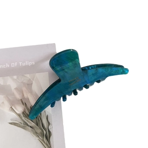 Blue marble acetate hair claw clip with gold France Handmade text on white background
