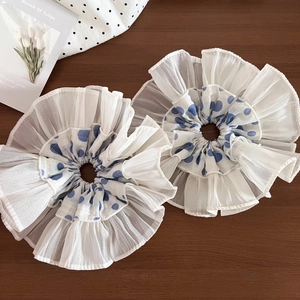 Charming blue polka dot lace chiffon scrunchies for women ponytail hair styling