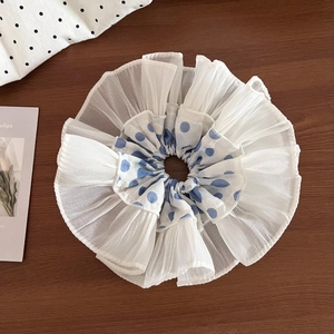 Blue Polka Dot Large Scrunchie Hair Tie With Lace Brim Sweet Chiffon Ponytail Holder Versatile Korean Style Hair Accessories For Women