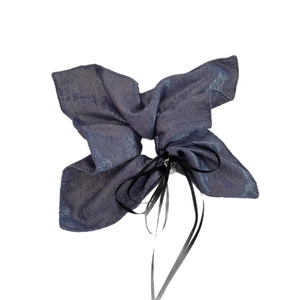 Elegant grey-purple pearlescent bow hair scrunchie with silk ribbon and pearl charm