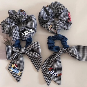 Gingham scrunchie hair ties set with dog embroidery and long ribbon bows for women