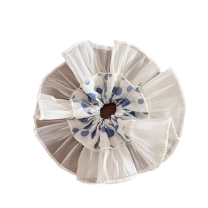 Blue polka dot scrunchie with layered lace trim and pleated chiffon fabric hair tie