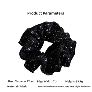 Floral print scrunchie detail showing 17cm diameter size and multilayer fabric folds