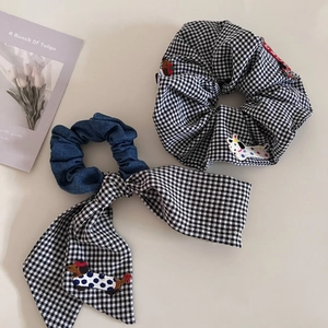 Cute dachshund embroidery hair scrunchies set with black plaid patterns and denim fabric