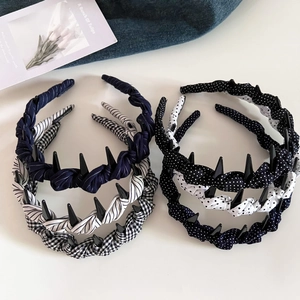Vintage Polka Dot Stripe Plaid Fabric Wrapped Anti-Slip Headband With Teeth Versatile Fashion Hair Hoop For Women Girls Accessory