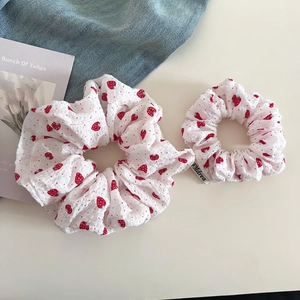 Sweet Strawberry Print Pleated Fabric Scrunchie Large Elastic Hair Tie Cute Polka Dot Bow Hair Band For Women Girls Fashion Accessories