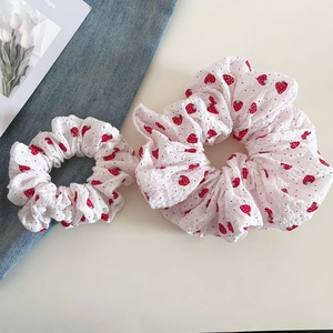 Sweet strawberry pattern scrunchies set in textured seersucker fabric for women