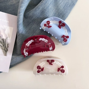 Three-piece cherry pattern acetic hair clips in blue, burgundy, and cream white shades