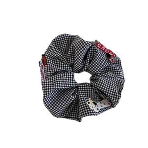 Vintage checkered scrunchie with cute embroidered dachshund and bowknot details