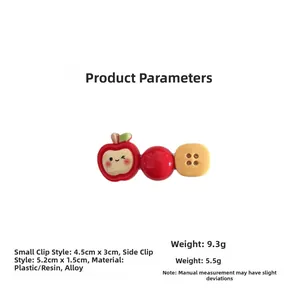 Détails des barrettes à cheveux pomme et bouton montrant les dimensions et résine
