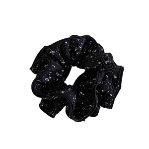 Floral print hair scrunchie with multi-layer ruffle design in black and white pattern