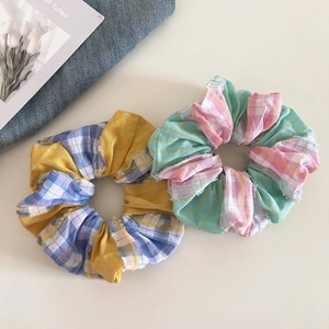Sweet Korean Plaid Fabric Scrunchies Colorblock Handmade Ruffled Hair Ties Fresh Style Hair Accessories For Women Girls