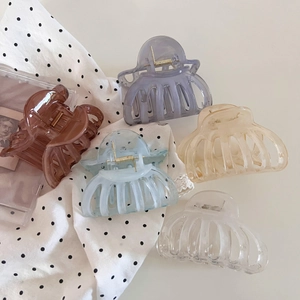Detail showing five translucent acrylic hair claws in assorted pastel and neutral colors