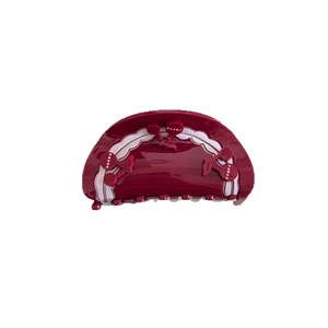 Sweet cherry pattern burgundy acetate hair claw clip with rhinestones on white background
