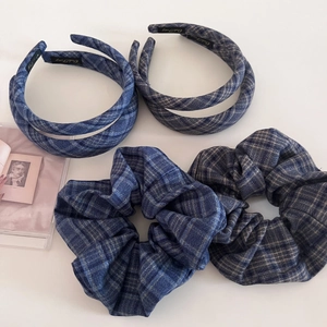 Vintage Navy Plaid Fabric Hair Accessories Scrunchies Wide Thin Headbands For Women Girls Daily Elegant Hair Styling