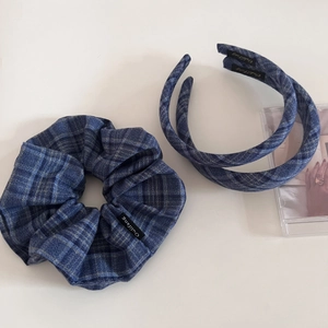 Classic navy blue plaid hair scrunchie and headband set in minimalist academic style