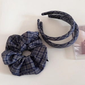 Navy blue plaid scrunchie and headband set in textured fabric for women
