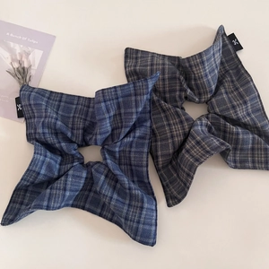 Navy blue and purple plaid oversized hair scrunchies set with minimalist woven labels