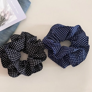 Navy blue and black polka dot scrunchies set for hair in elegant Korean style