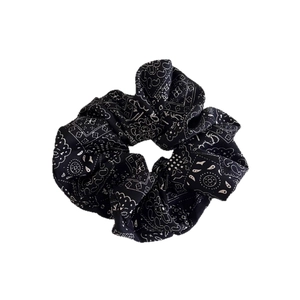 Black vintage paisley pattern hair scrunchie with ethnic white print on fabric