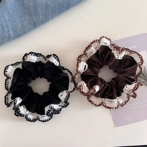 French Vintage Velvet Scrunchies With White Lace Trim Elegant Black Coffee Hair Ties Elastic Large Intestine Hair Bands For Women Accessories
