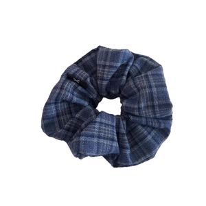 Classic dark blue plaid scrunchie with a minimalist vintage design and soft fabric texture