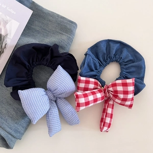 Vintage Plaid Bow Denim Scrunchie Sweet Korean Style Hair Tie Large Ponytail Holder Fashion Hair Accessories Women
