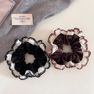 Elegant black and brown velvet scrunchies with white crochet lace trim hair ties