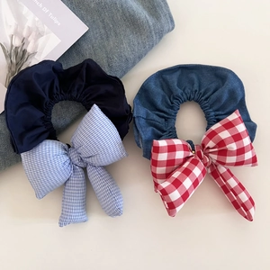 Vintage denim plaid bow scrunchies set for women, including blue and red checkered patterns