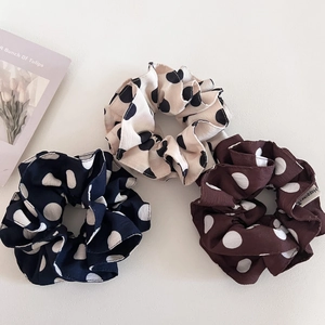 Three-pack of vintage polka dot scrunchies in cream navy and brown chiffon fabric