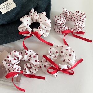 Women Sweet Red Floral Heart Polka Dot Scrunchies With Satin Ribbon Bow Korean Style Large Cloth Hair Ties Hair Accessories