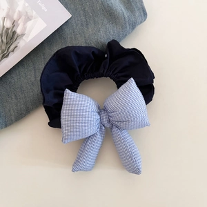 Sweet vintage denim scrunchie with a large blue and white gingham cotton bow accessory
