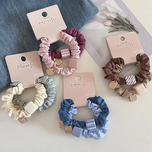 Women Pleated Fabric Hair Scrunchies Sweet Korean Style Elastic Hair Band With Square Beads Gold Metal Pendant Hair Accessories